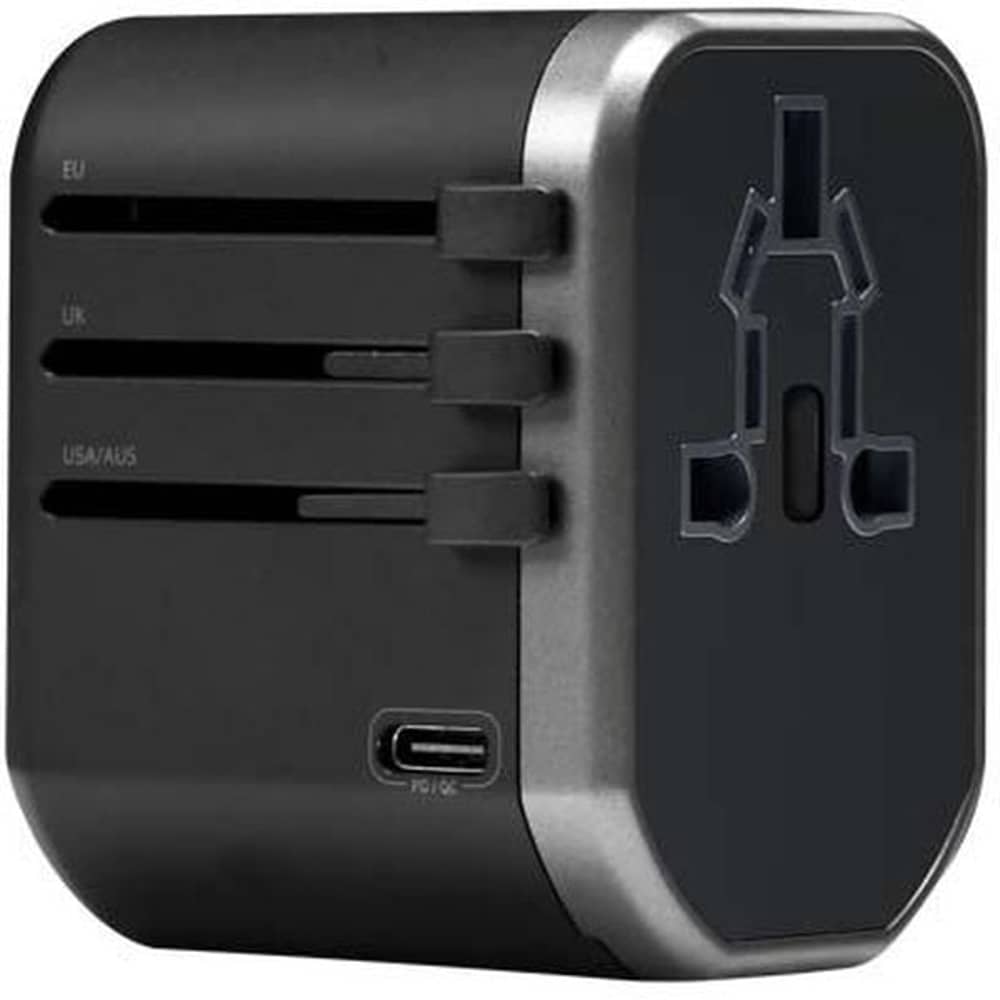 Heatz Universal Travel Adapter With USB Type C Cable Black/Grey