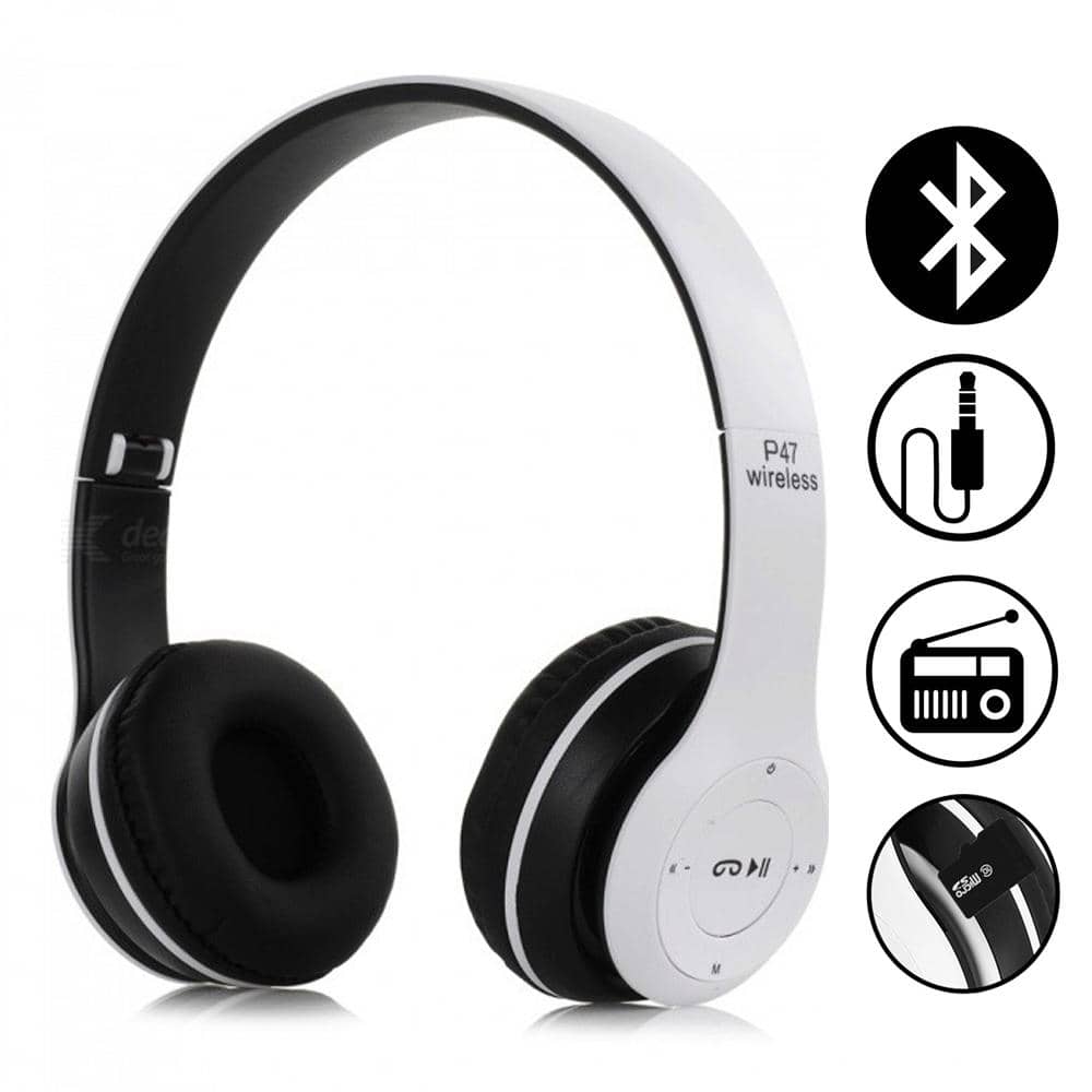 P47 Universal Foldable EDR Wireless Headphones Bluetooth 4.2 Overhead Headset with Noise Canceling and MP3/MP4/FM Player WHITE