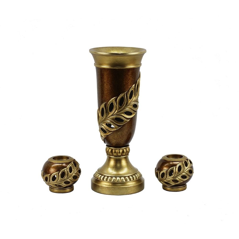Accract Polyresin Gold Vase and 2 Piece T Light Candle Holder Gift Set 5.2*13 cm Accract Polyresin Gold Vase and 2 Piece T Light Candle Holder Gift Set 5.2*13 cm