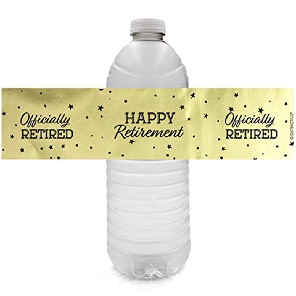 DISTINCTIVS Black And Gold Retirement Party Water Bottle Labels - Shiny Foil - 24 Stickers DISTINCTIVS Black And Gold Retirement Party Water Bottle Labels - Shiny Foil - 24 Stickers