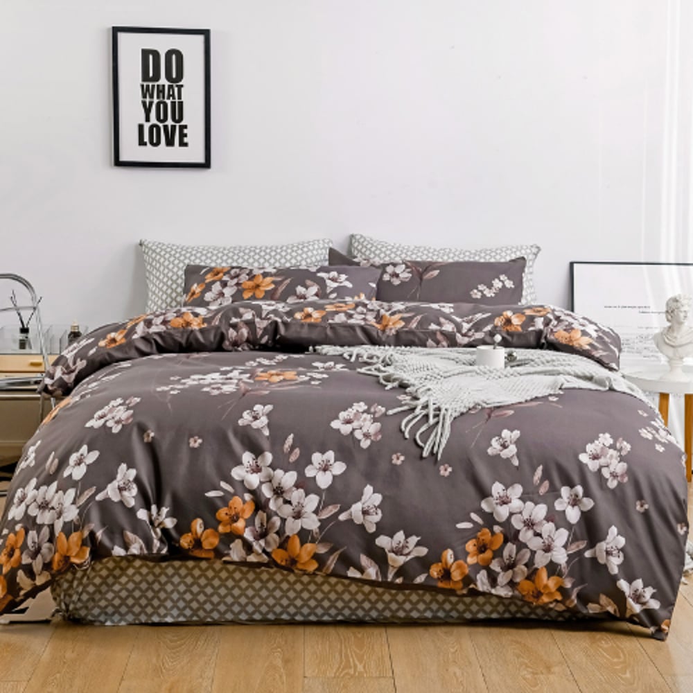 Luna Home King Size 6 Pieces Bedding Set Without Filler, Floral Design Brown Color Luna Home King Size 6 Pieces Bedding Set Without Filler, Floral Design Brown Color