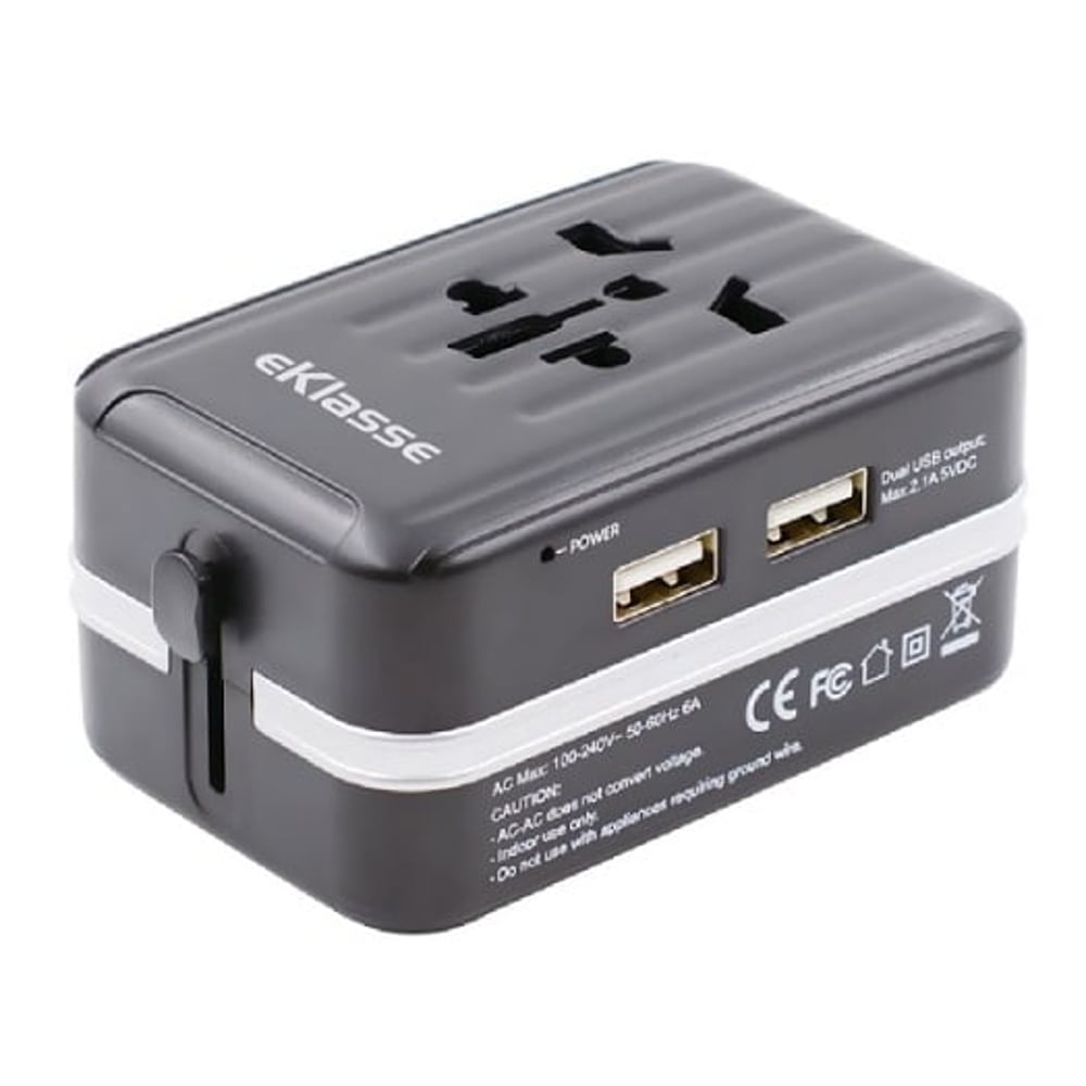 Eklasse Universal Travel Adapter 2 USB 2.1A Black