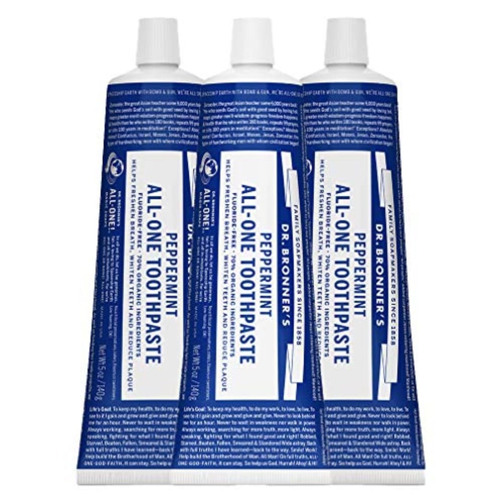 Dr. Bronner?s - All-One Toothpaste (Peppermint, 5 ounce, 3-Pack) - 70% Organic Ingredients, Natural and Effective, Fluoride-Free, SLS-Free, Helps Freshen Breath, Reduce Plaque, Whiten Teeth, Vegan