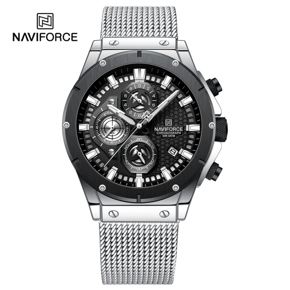 Naviforce NF8027S-SLVR/BLK-Mesh Stainless Steel Chronograph Edition