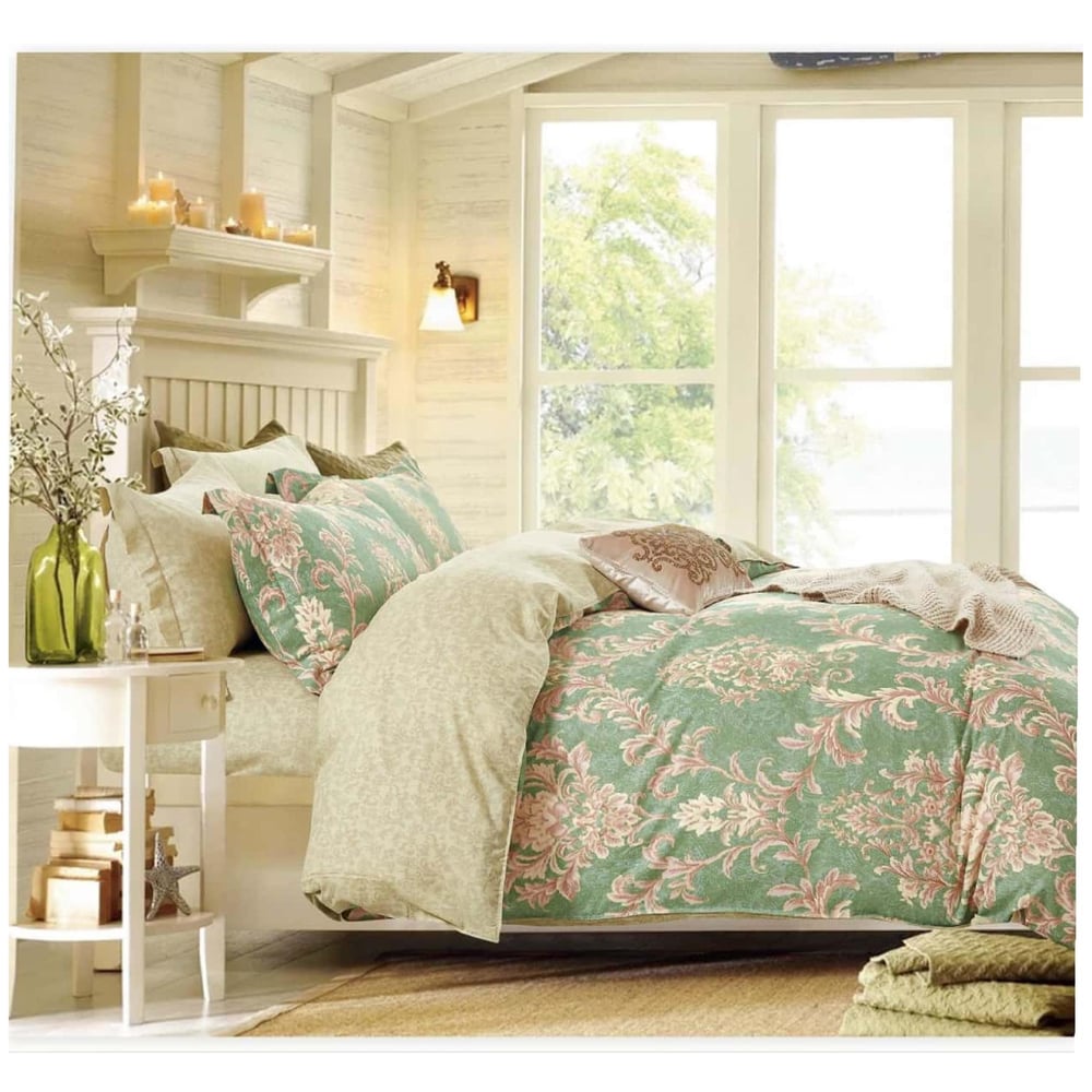 4pcs Fitted Sheet Bedding Set Green/Beige Printed