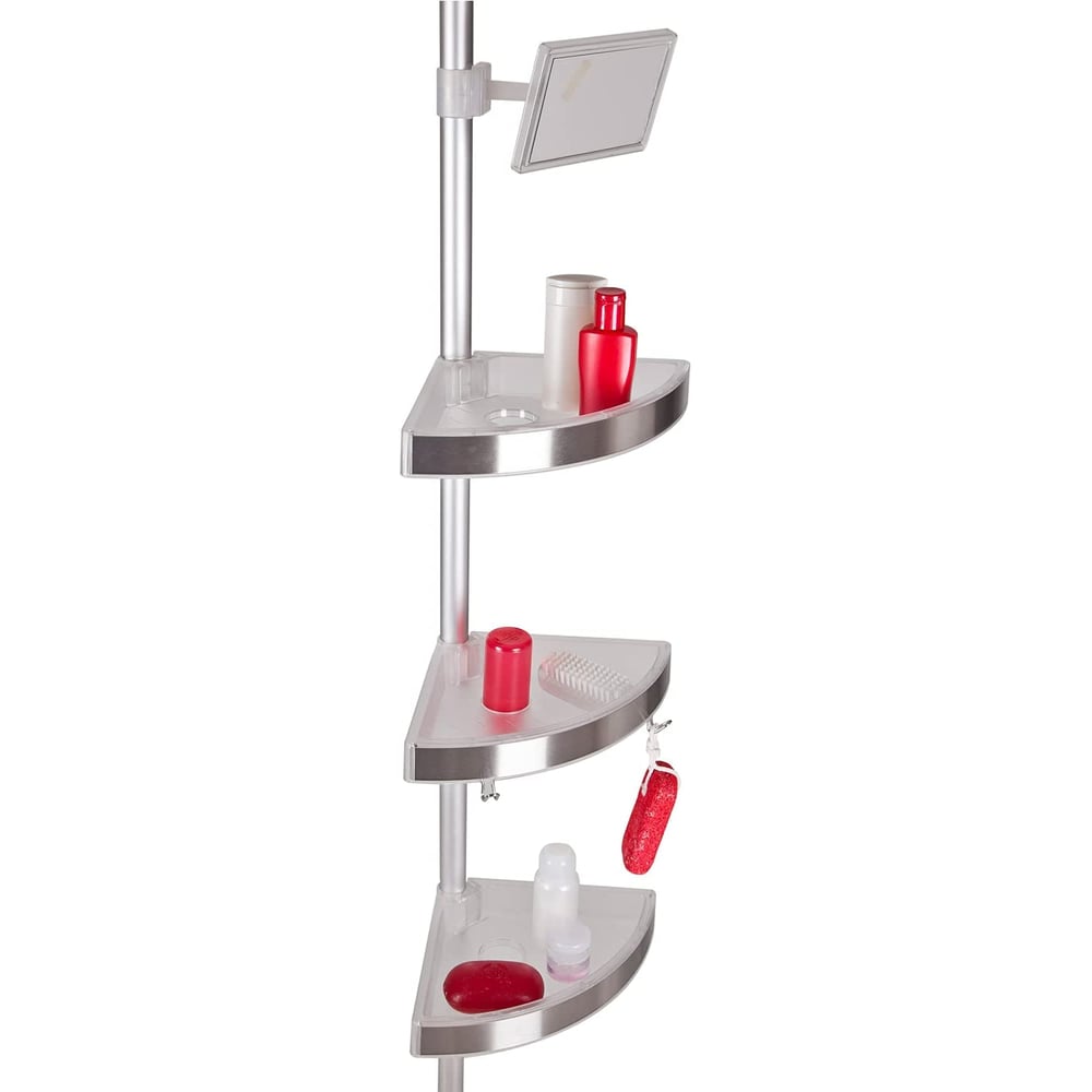Kreher No-drill Telescopic Bathroom Shelf With Adjustable Mirror, Rust-proof Aluminum, Freestanding Corner Shower-shelf, 3 Adjustable Baskets, Height 260 Cm Kreher No-drill Telescopic Bathroom Shelf With Adjustable Mirror, Rust-proof Aluminum, Freestanding Corner Shower-shelf, 3 Adjustable Baskets, Height 260 Cm