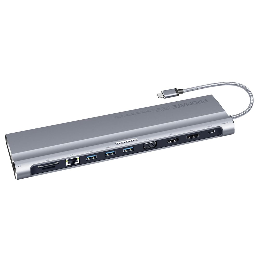 Promate Usb-c Hub, 87w Usb-c Pd,hdmi,ethernet,3 Usb,display Port,vga, Aux,sd/microsd,baselink-c Grey Promate Usb-c Hub, 87w Usb-c Pd,hdmi,ethernet,3 Usb,display Port,vga, Aux,sd/microsd,baselink-c Grey
