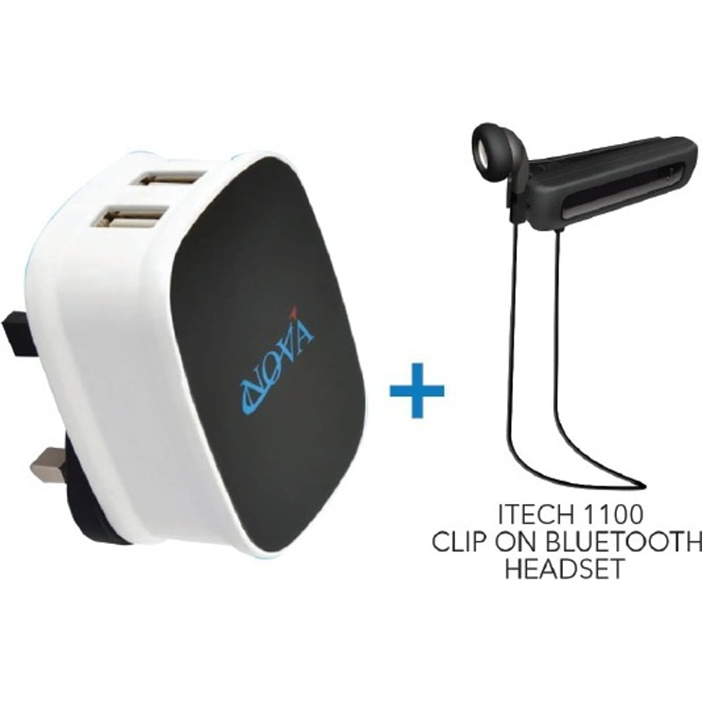 Nova AC500 Dual USB Wall Charger + Itech 1100 Bluetooth Voiceclip Headset Nova AC500 Dual USB Wall Charger + Itech 1100 Bluetooth Voiceclip Headset