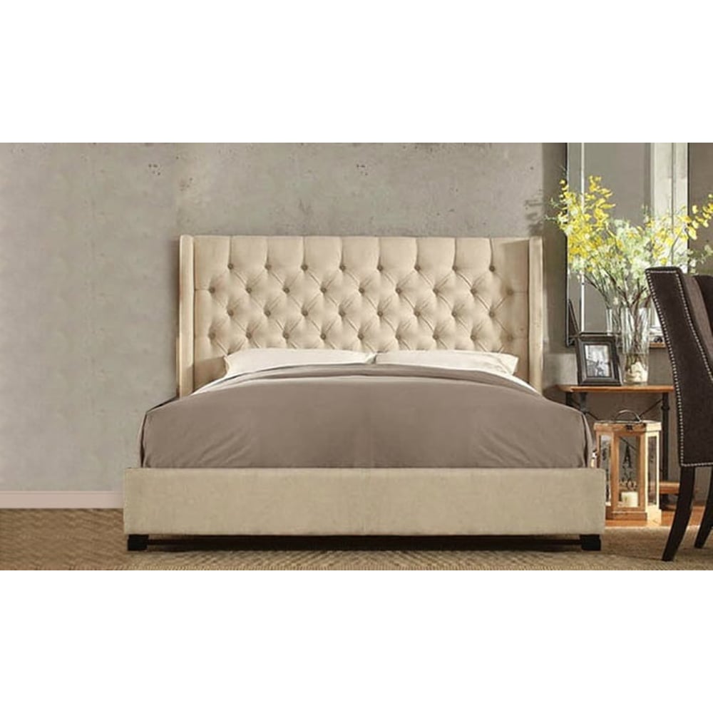 Skyline Upholstered Wingback Tufted Bed Frame Queen with Mattress Beige