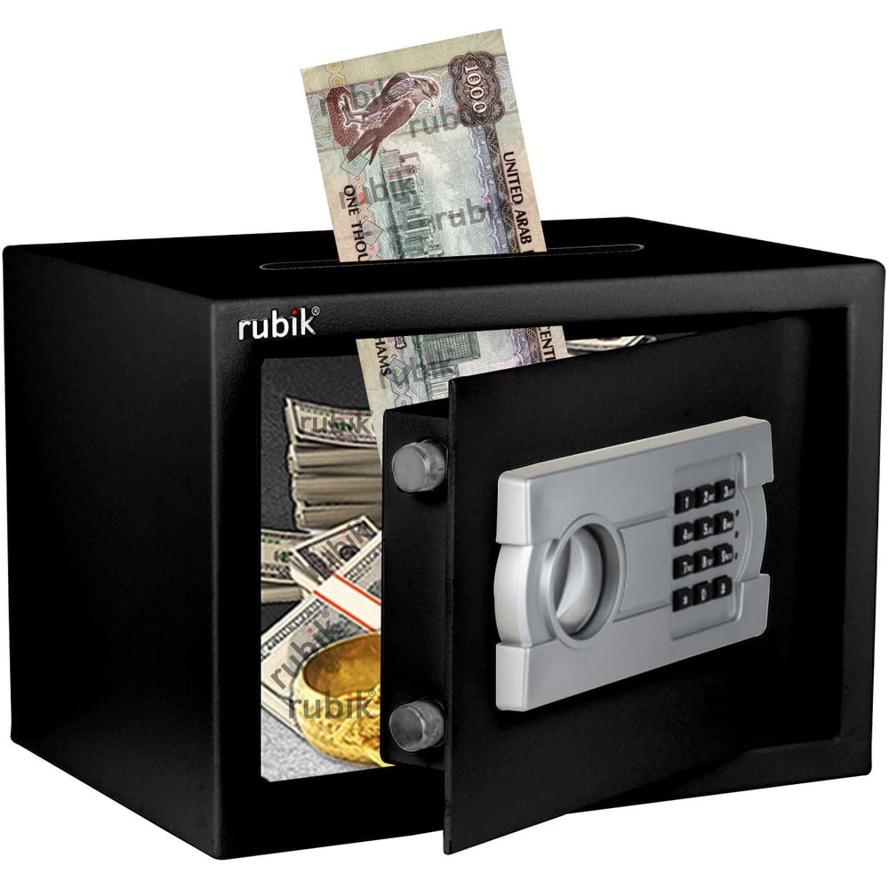 Rubik Electronic Digital Safe Box with Cash Deposit Drop-In Slot on Top A4 Document Size (25x35x25cm) Black Rubik Electronic Digital Safe Box with Cash Deposit Drop-In Slot on Top A4 Document Size (25x35x25cm) Black