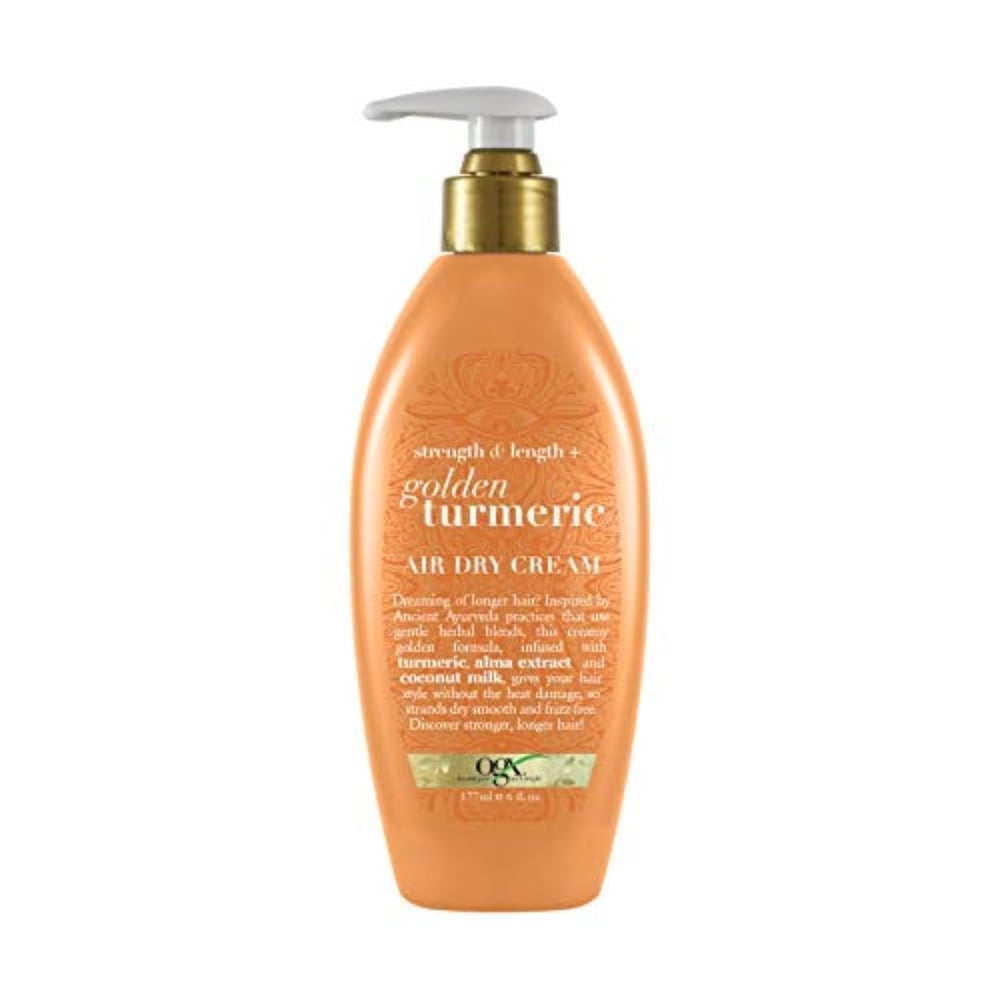 OGX Strength And Length + Golden Turmeric Anti-Frizz Air Dry Hair Cream With Coconut Milk To Nourish Hair, Leave-In Moisturizing Treatment Smooth Frizzy 6 Oz