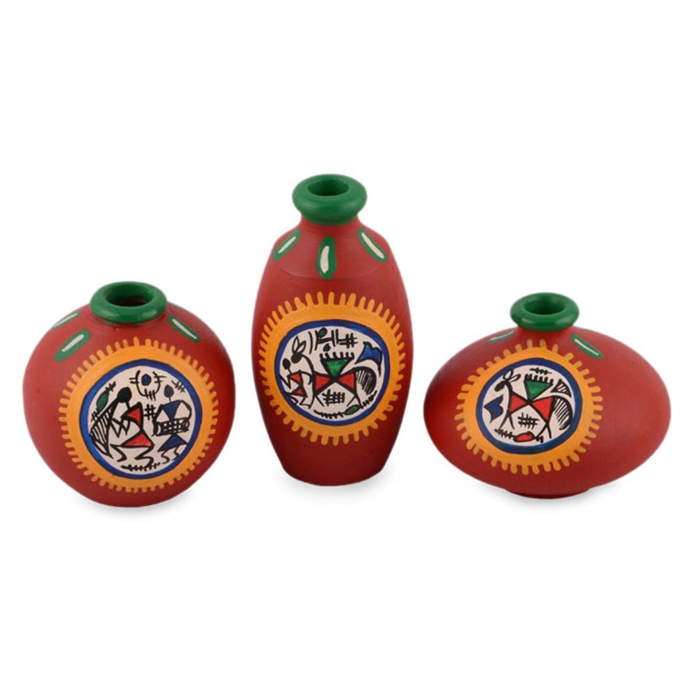 Moorni Terracotta Warli Handpainted Pots Red Set of 3