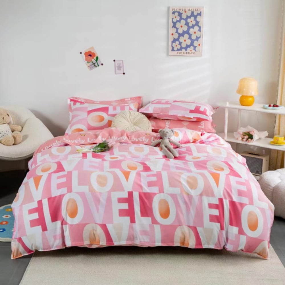 Luna Home King Size 6 Pieces Bedding Set Without Filler, Pink Love Design