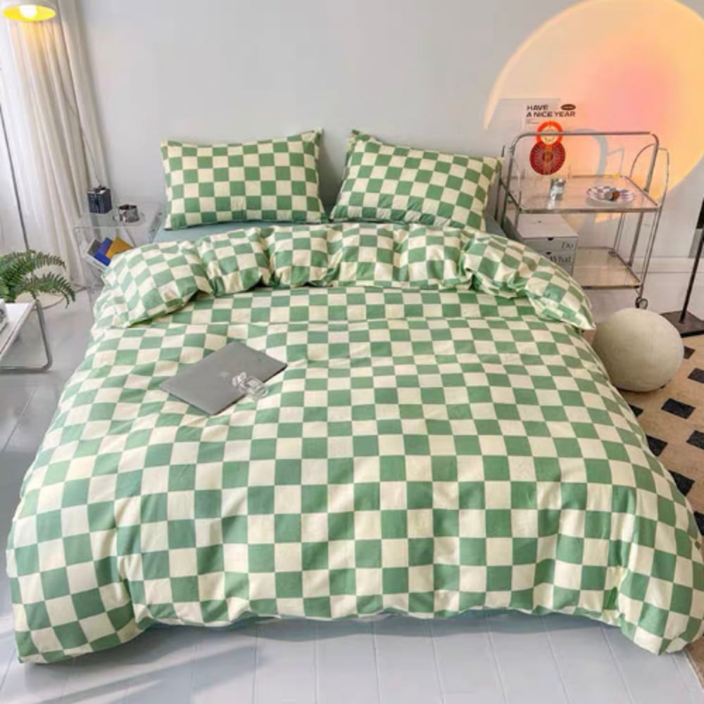 Luna Home Queen/double Size 6 Pieces Bedding Set Without Filler, Green Checkered Design Luna Home Queen/double Size 6 Pieces Bedding Set Without Filler, Green Checkered Design