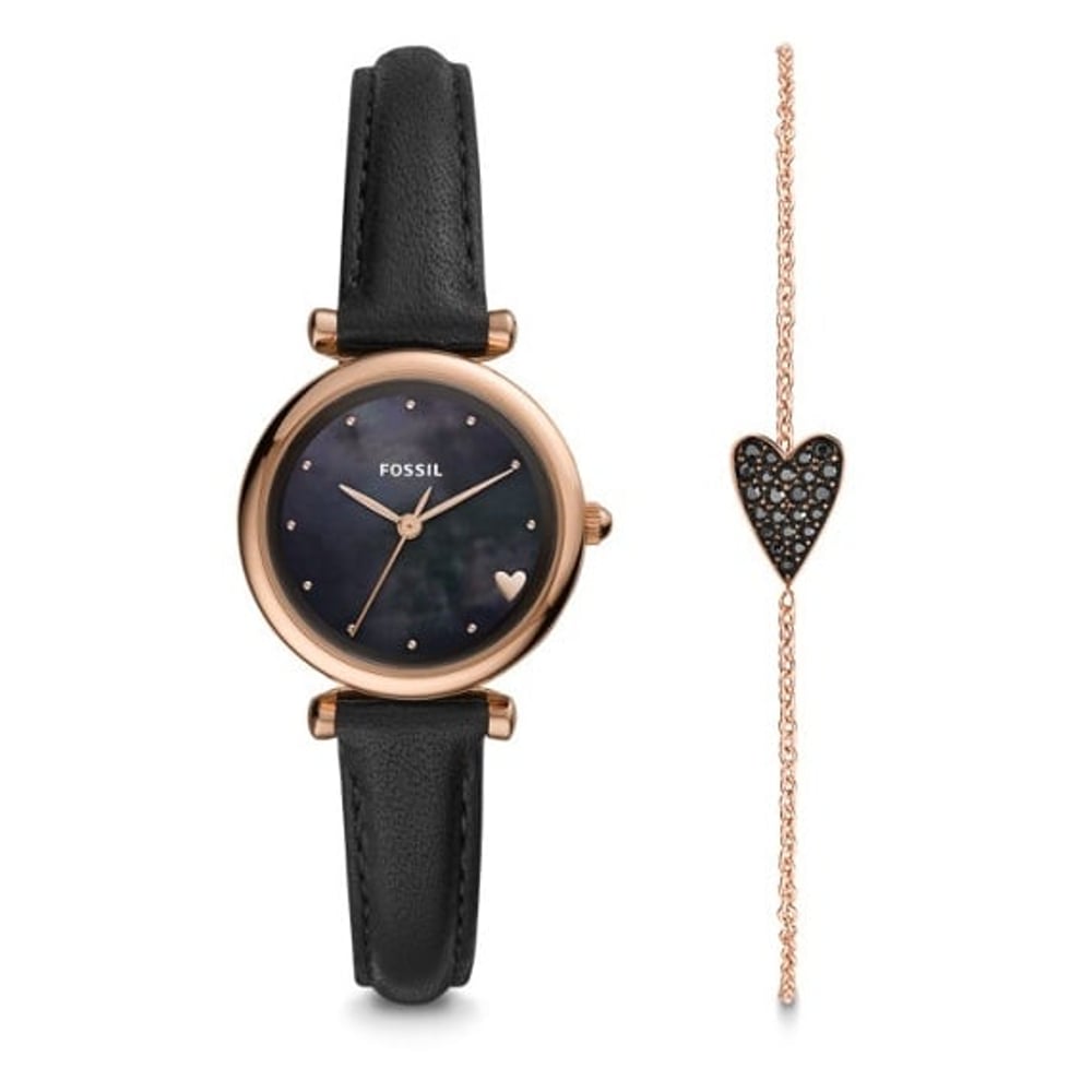 Fossil ES4506SET Carlie Mini Three-Hand Black Leather Watch and Bracelet Box Set