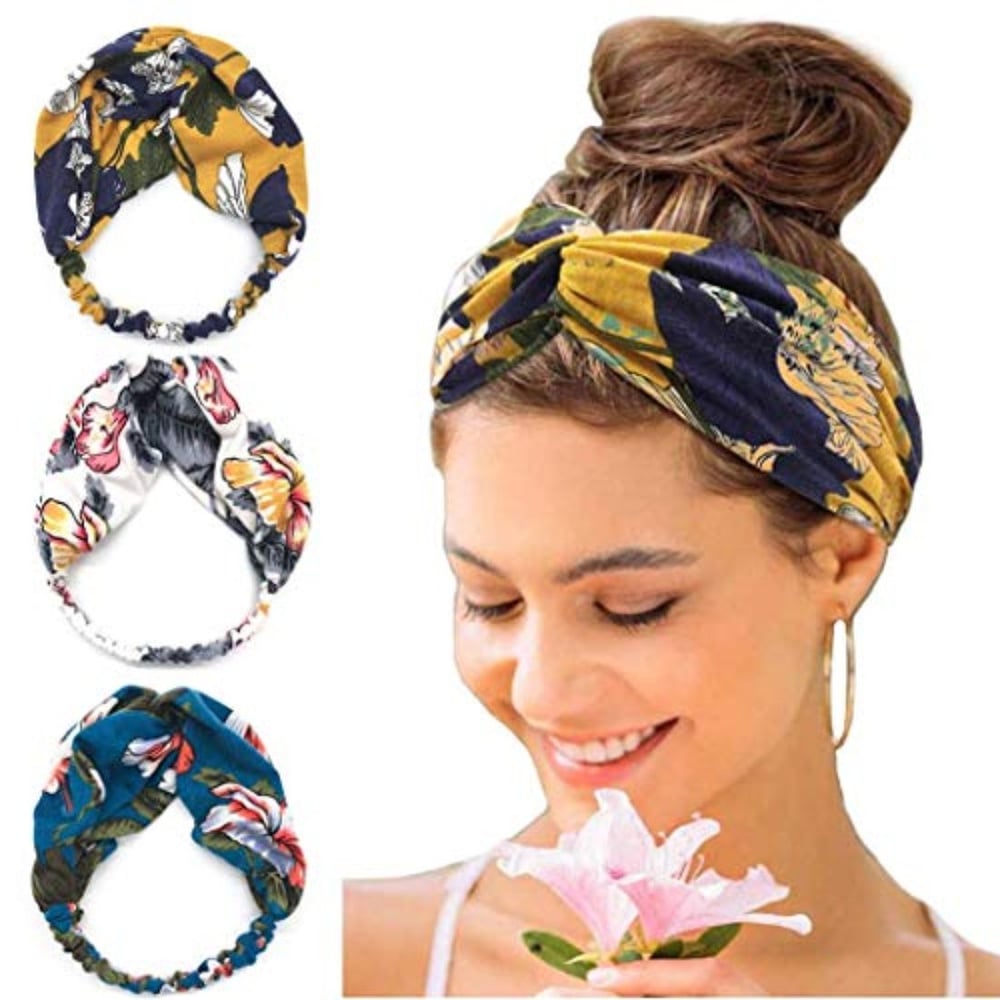 Catery Boho Headbands Criss Cross Headband Headpiece Stylish Floal Style Head Wrap Hair Band Vintage Cotton Elastic Fabric Hairbands Fashion Accessories For Women - Pack Of 3