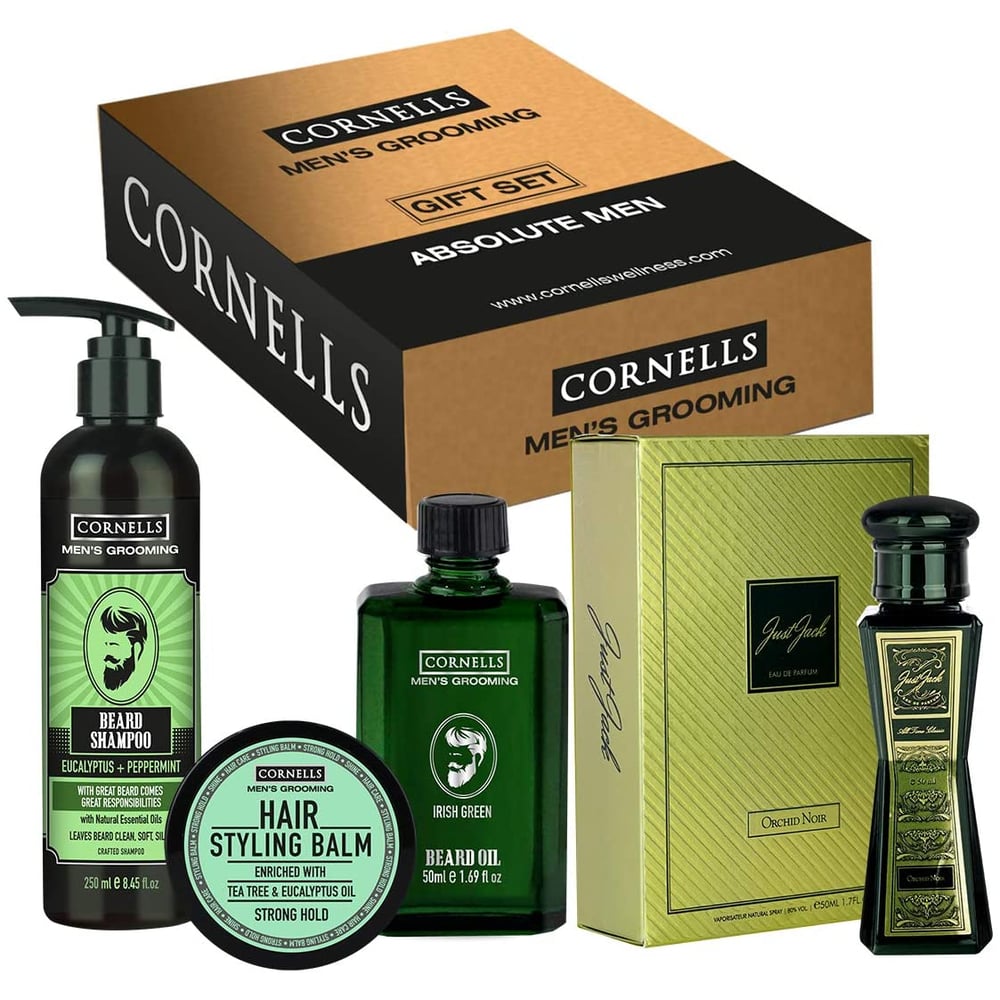 Cornells Mens Grooming Combo Kit - Eucalyptus+Peppermint Beard Shampoo 250ml, Hair Styling Balm 95g, Irish Green Beard Oil 50ml, Just Jack Orchid Noir Mens Perfume EDP 50ml, Gift Set for Him