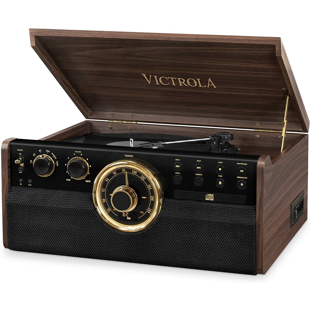 Victrola The Empire Vta-270b 6-in-1 Wood Bluetooth Mid Century Record Player With 3-speed Turntable, Cd, Cassette Player And Radio Music Centre