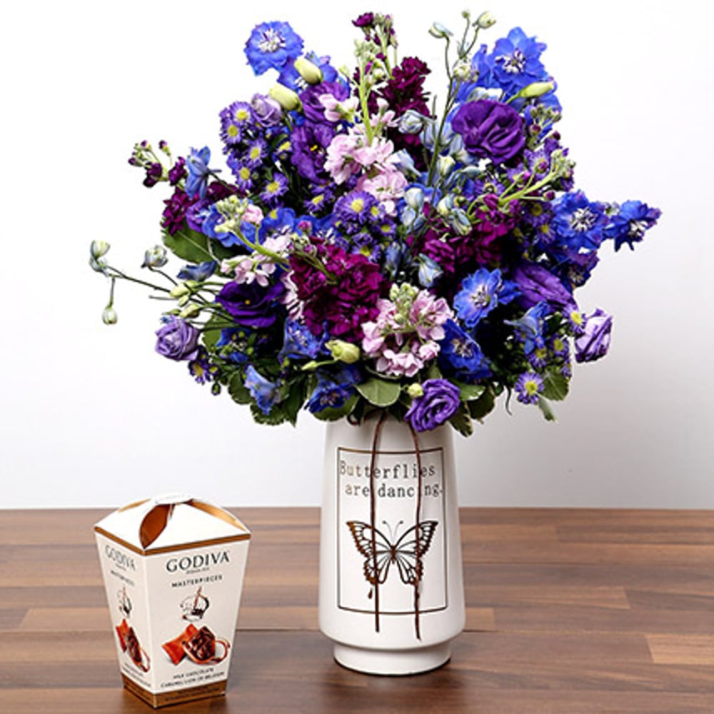 Purple & Blue Flower Arrangement With Truffles