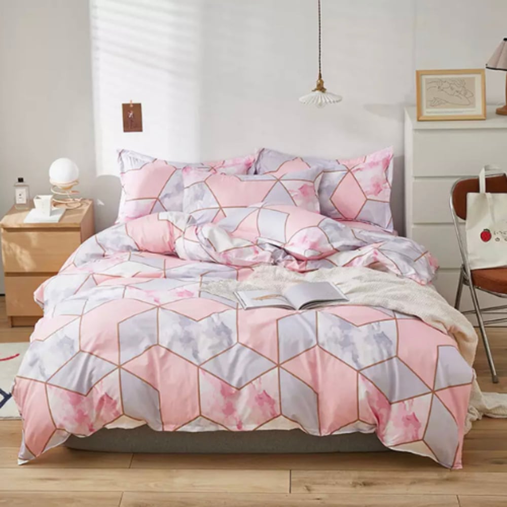 Luna Home Single Size 4 Pieces Bedding Set Without Filler, Pink Geometric Marble Design Luna Home Single Size 4 Pieces Bedding Set Without Filler, Pink Geometric Marble Design