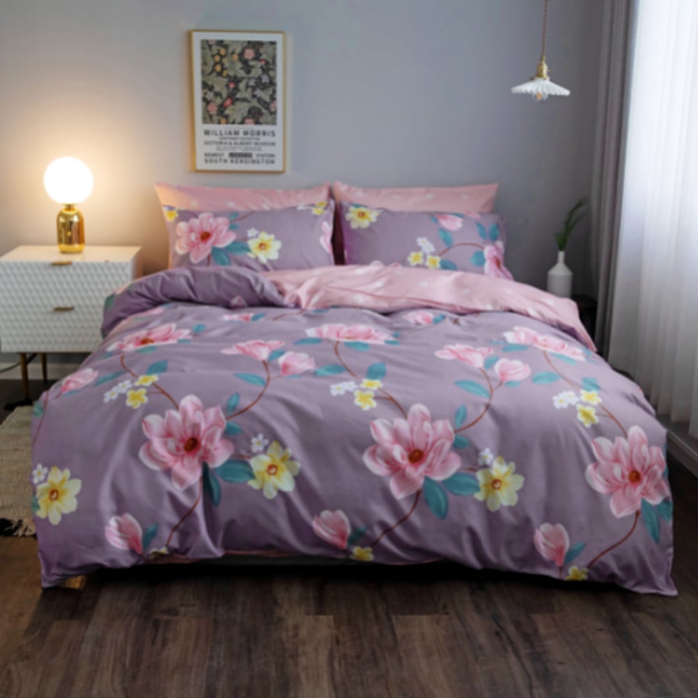 Deals For Less - Queen/double Size, Duvet Cover, Bed Sheet Set Of 6 Pieces, Purple With Flower Design