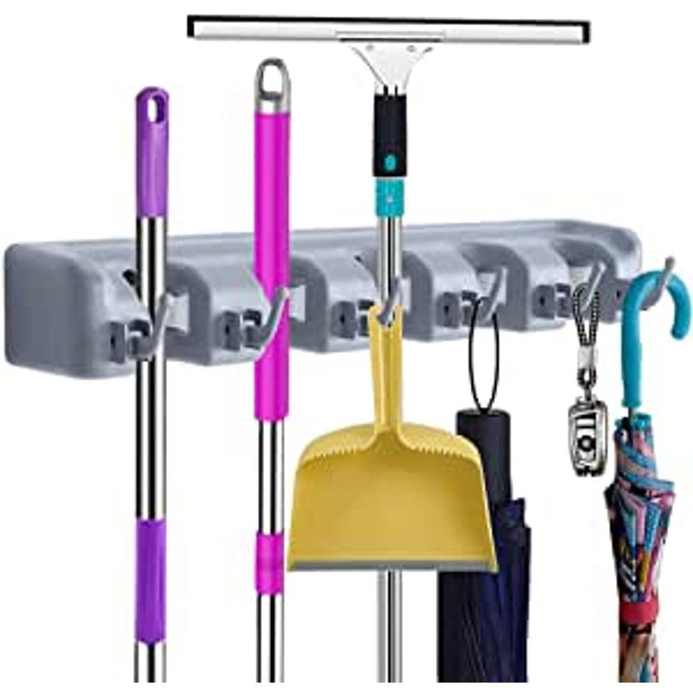 Margoun Wall Mount Broom Holder Mop Hanger With 5 Rack And 6 Hook T56 Multipurpose Wall Mounted Non Slide Storage