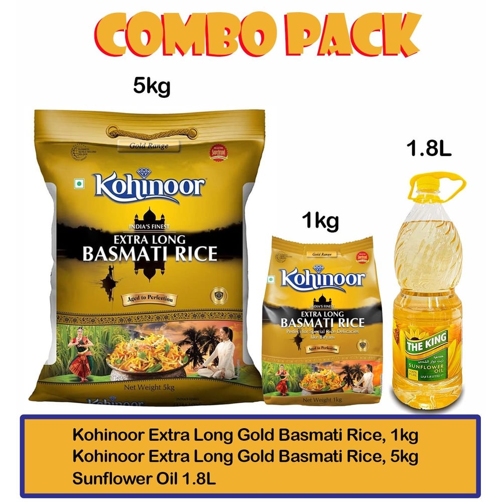 Kohinoor Extra Long Gold Basmati Rice, 5kg + 1Kg + Sunflower Oil 1.8L Kohinoor Extra Long Gold Basmati Rice, 5kg + 1Kg + Sunflower Oil 1.8L