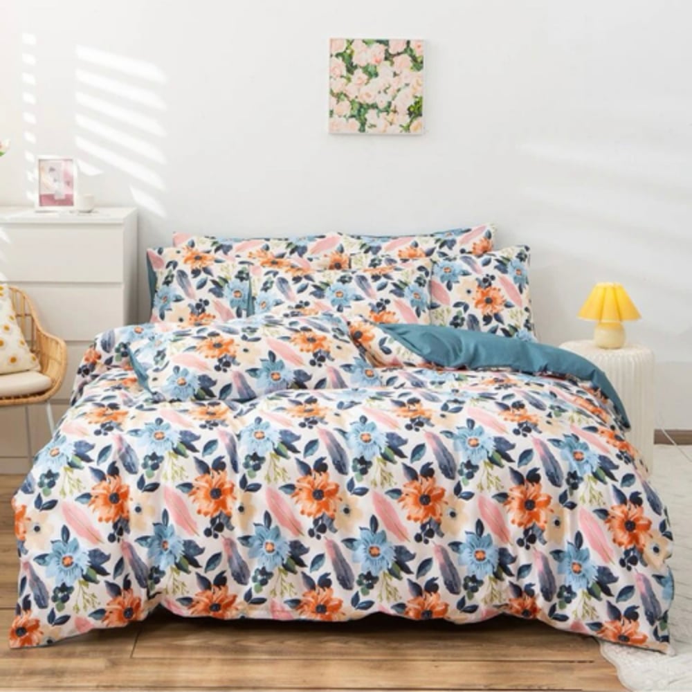 Luna Home Queen/double Size 6 Pieces Bedding Set Without Filler, Blue Color Floral Design