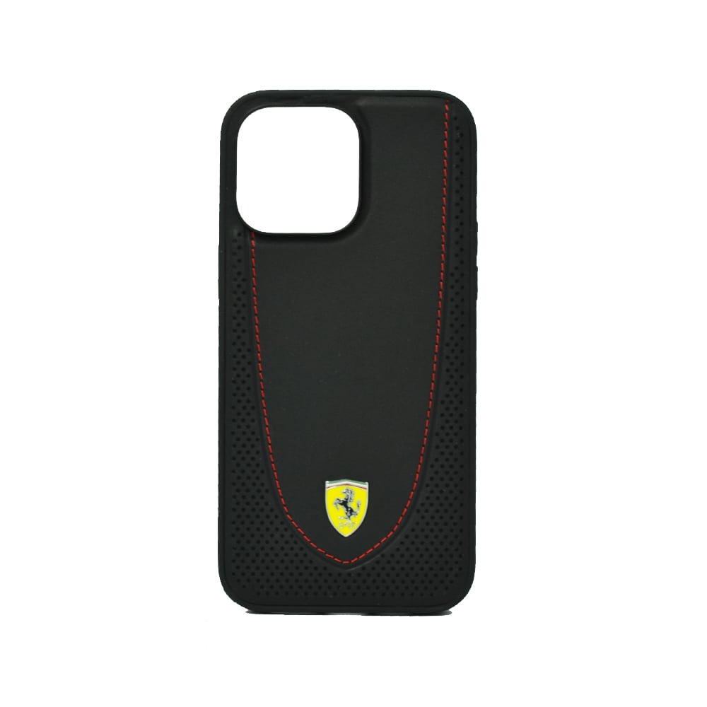 Ferrari Magsafe Leather Stitched Red Line Hard Case For Iphone 14 Pro Max Black