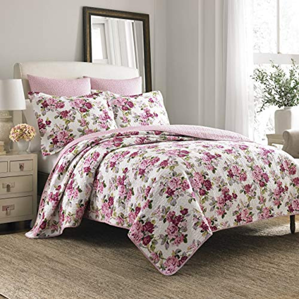 Laura Ashley Home | Lidia Collection | Luxury Premium Ultra Soft Quilt Coverlet, Comfortable 3 Piece Bedding Set, All Season Stylish Bedspread, Full/Queen, Pink
