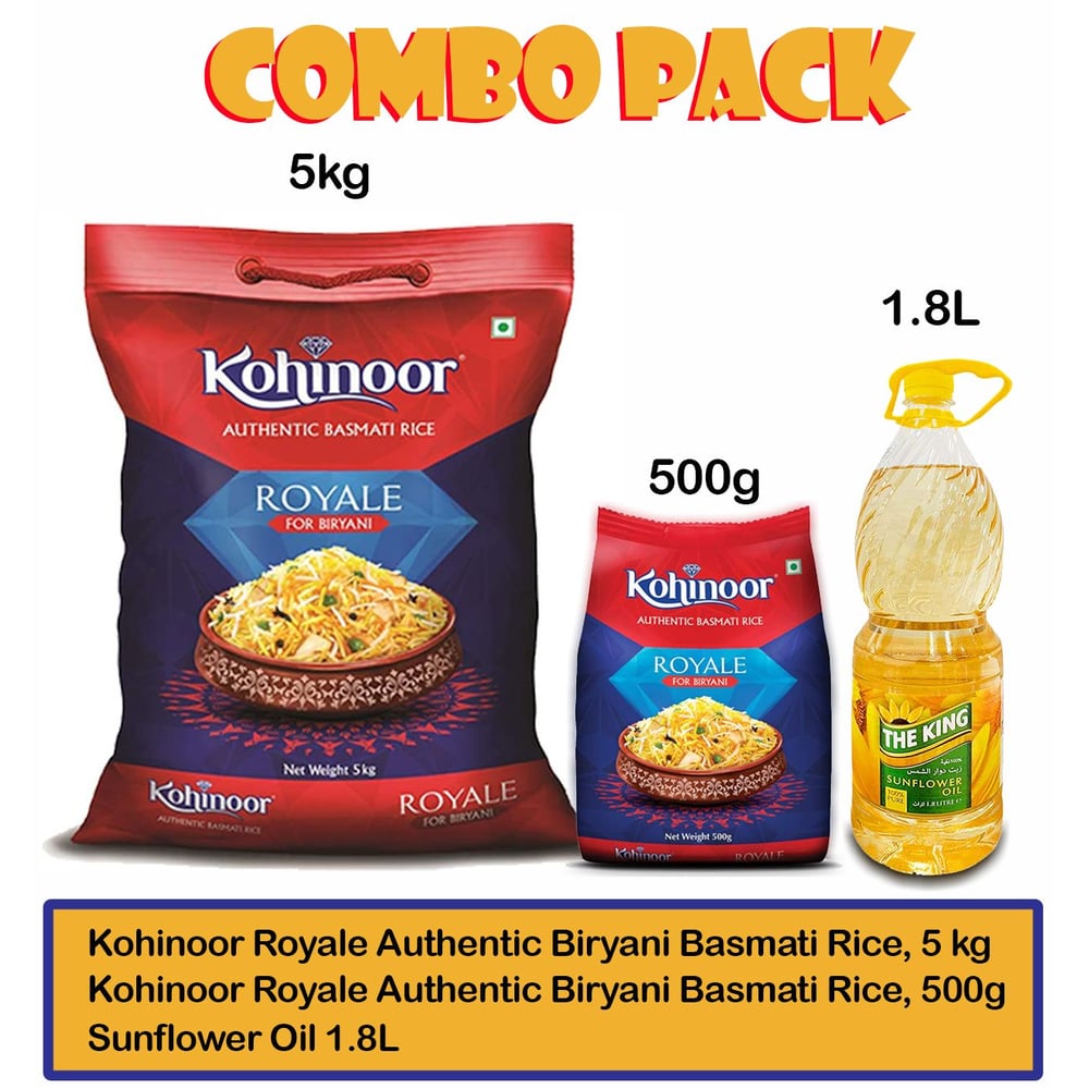 Kohinoor Royale Authentic Biryani Basmati Rice, 5 kg + 500gm + Sunflower Oil 1.8L Kohinoor Royale Authentic Biryani Basmati Rice, 5 kg + 500gm + Sunflower Oil 1.8L