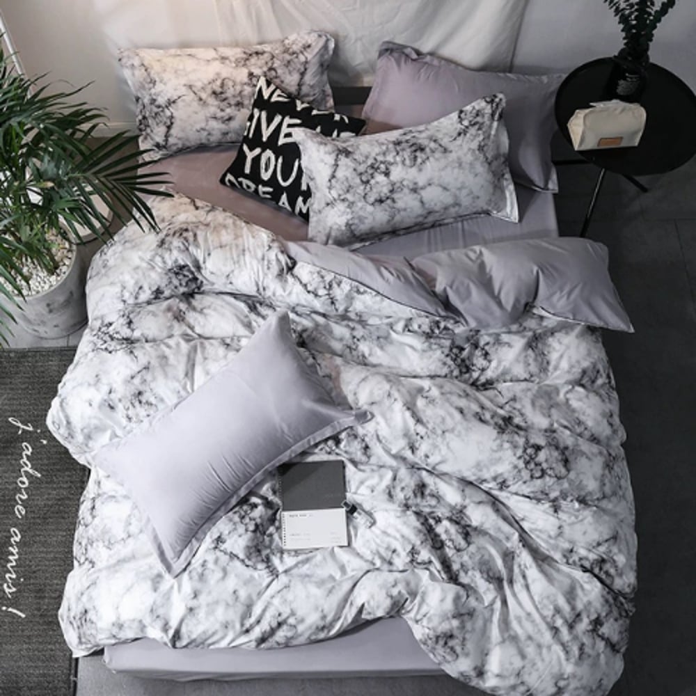 Luna Home Single Size 4 Pieces Bedding Set Without Filler, Marble Design Grey Color Luna Home Single Size 4 Pieces Bedding Set Without Filler, Marble Design Grey Color