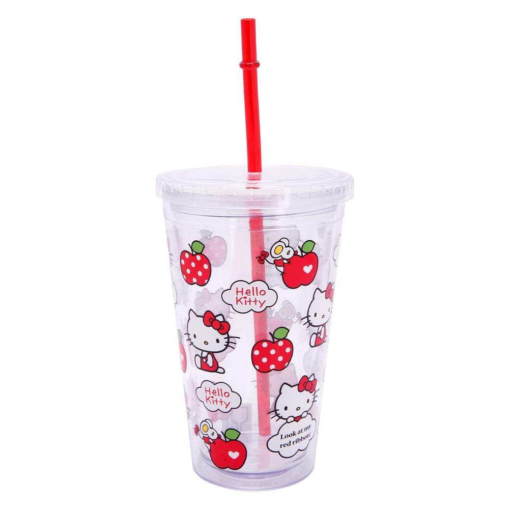 Hello Kitty Leak Proof Straw Cup, Clear, Apple Kt Logo Printed 450 Ml Hello Kitty Leak Proof Straw Cup, Clear, Apple Kt Logo Printed 450 Ml