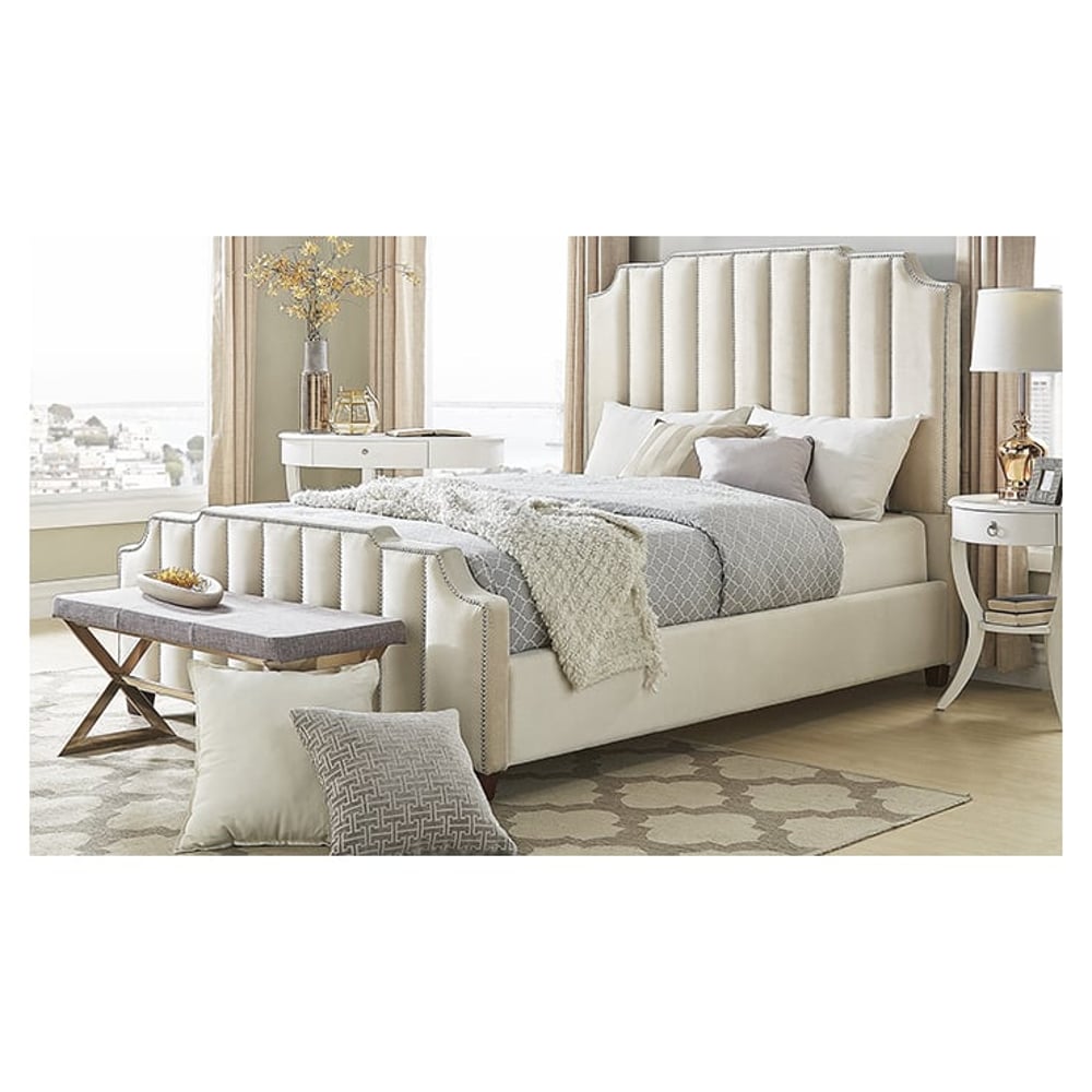 Chareau Velvet Upholstered Nailhead Queen Bed without Mattress Beige