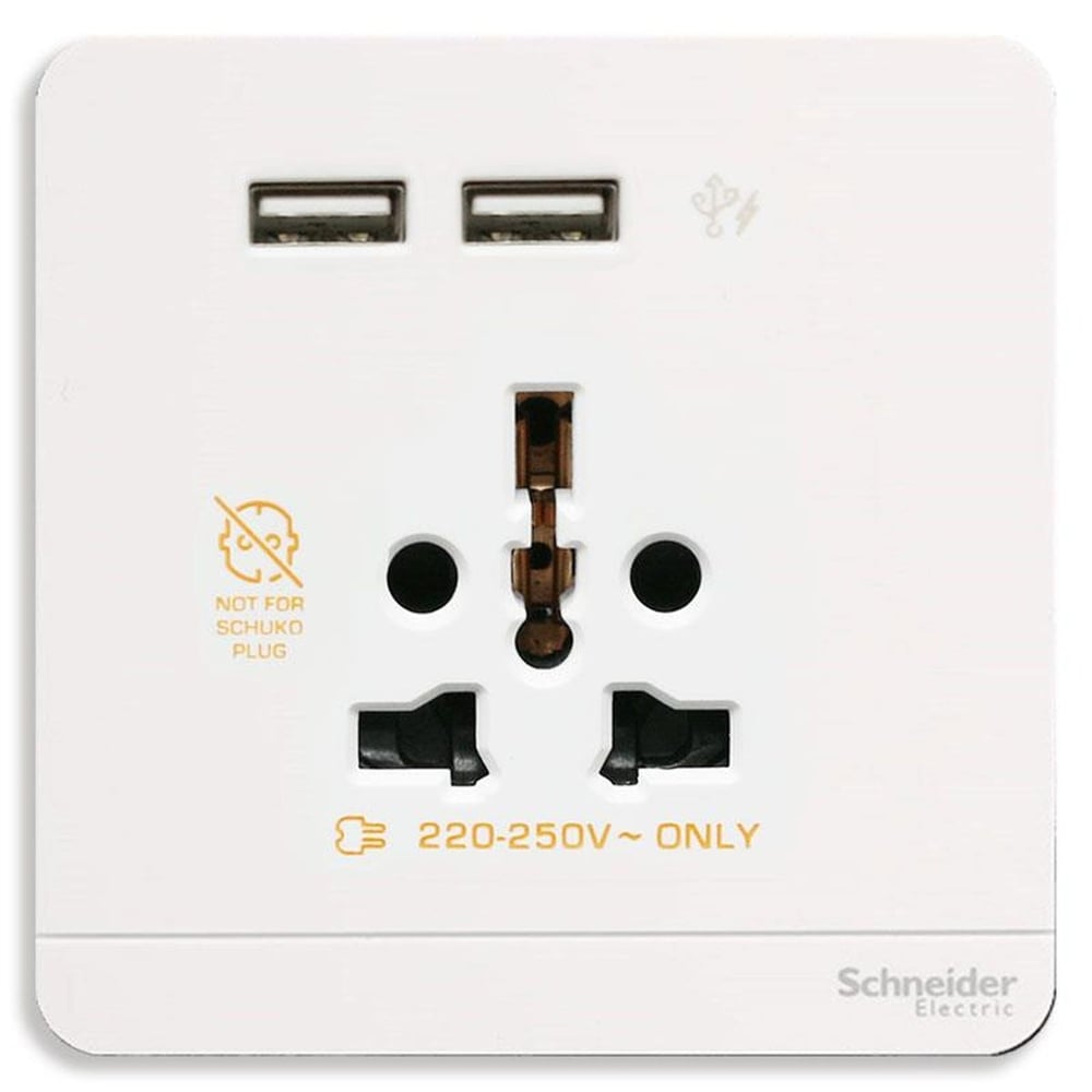 Schneider Electric AvatarOn, USB charger + 2 socket-outlet, 2P, 16A, White (Model Number-E8342616USB_WE)