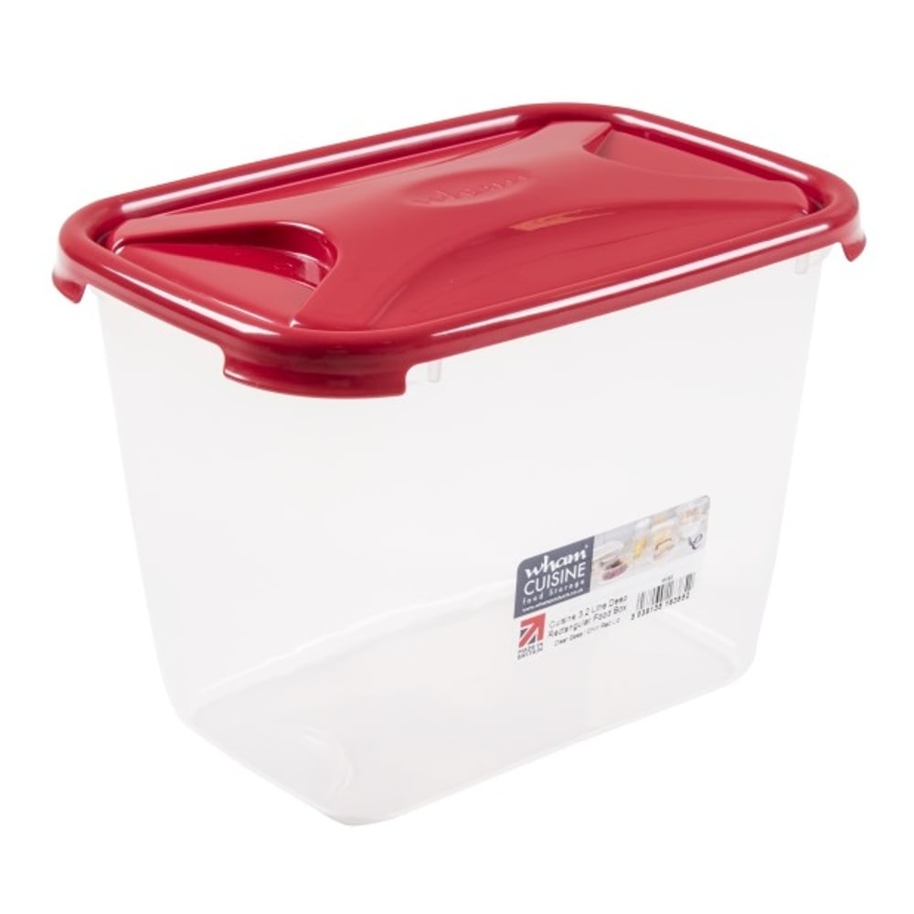 Wham 16385 Cuisine Deep Rect Food Box & Lid Clear/Chili Red 3.2L