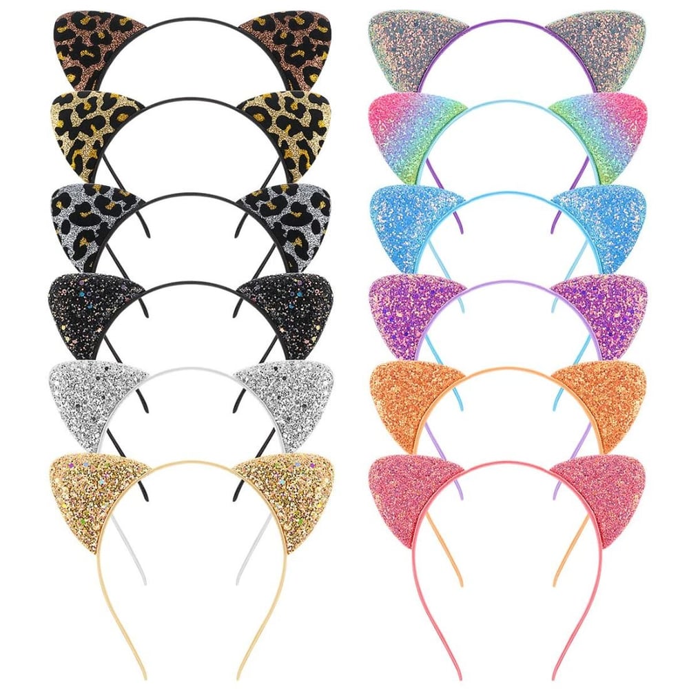 FRCOLOR Cat Ears Headband, Glitter Sequin Ear Headbands Metal Hair Hoops For Daily Party, 2Pack