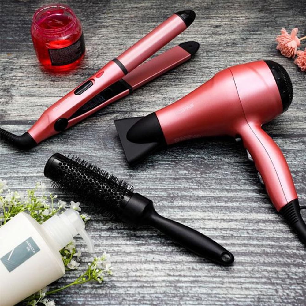 Geepas GHF86054 4 In 1 Hair Dressing Set - Portable Hair Dryer, Straightener, Curler With Eva Bag 2000W