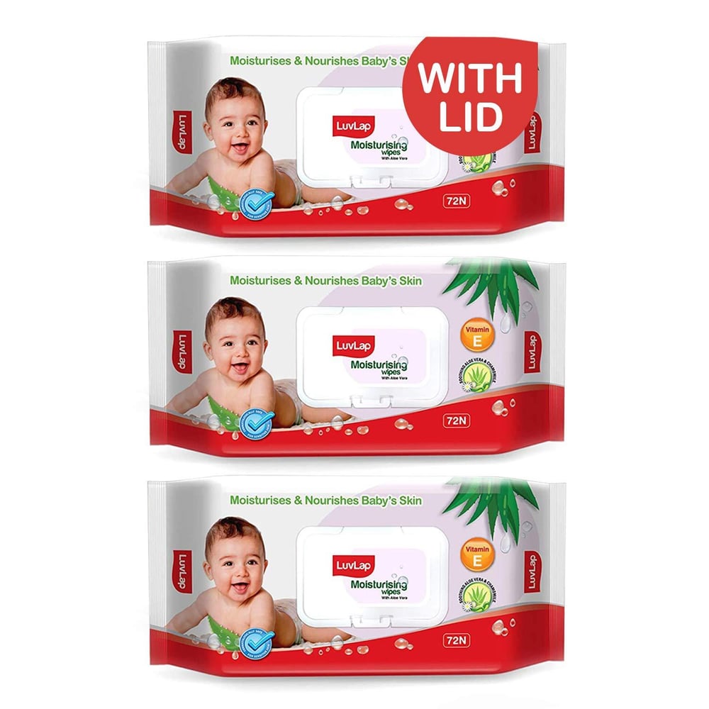 LuvLap Paraben Free Baby Wipes with Aloe Vera, with Fliptop Lid (72 Wipes/Pack) (Pack of 3)