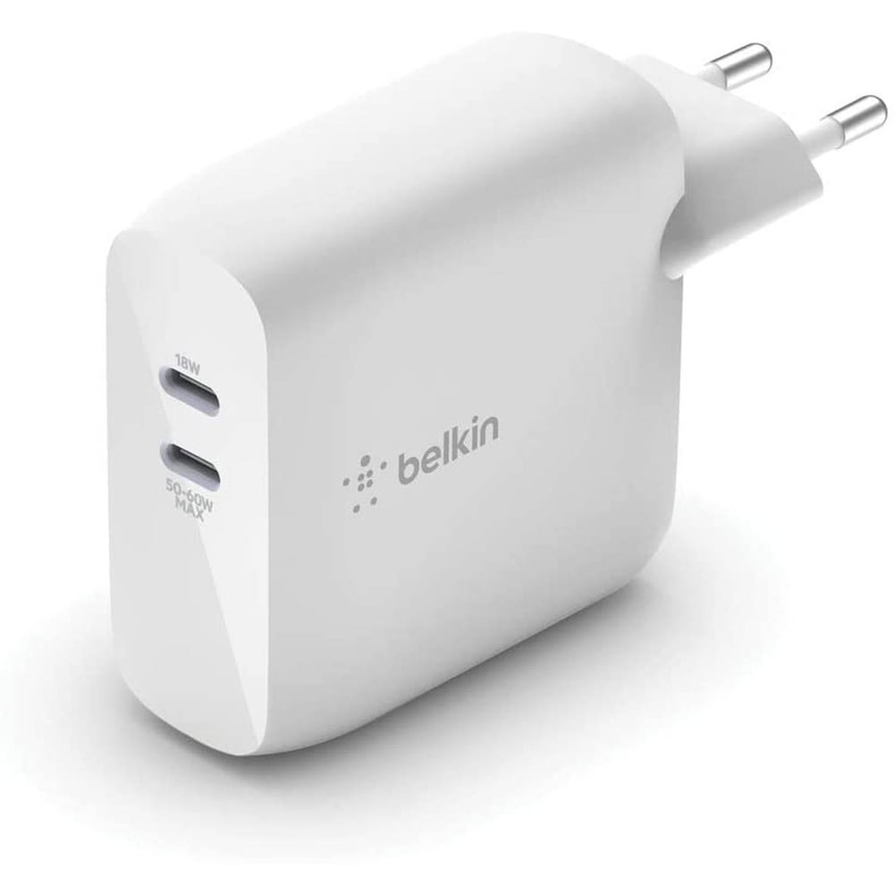 Belkin Dual Usb-c Pd Gan Wall Charger 63w Eu, Fast Charge Lightweight & Compact Home Charger Compatible For Samsung, Macbook Pro, Macbook Air, Ipad Pro, Iphone - White