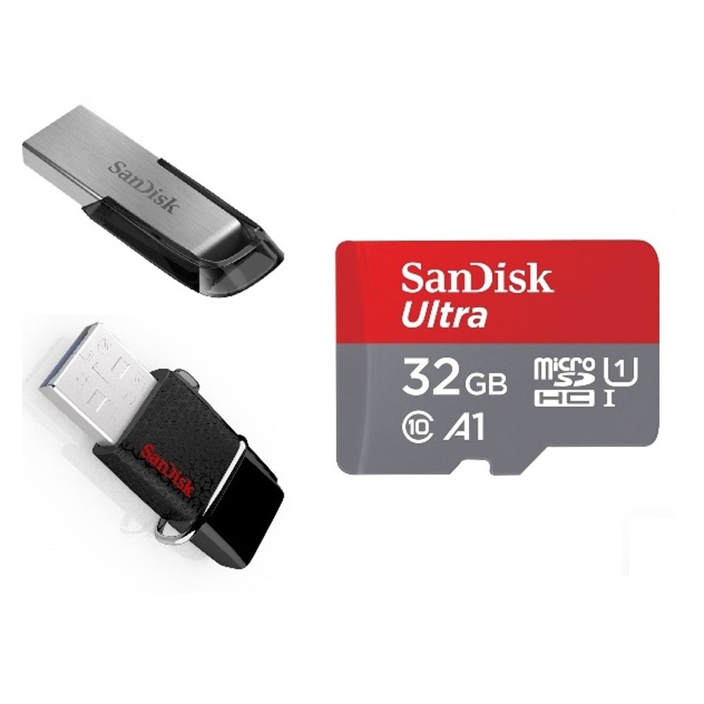 Sandisk Ultra A1 Micro SD Card 32GB+Ultra Flair USB Flash Drive 32GB + Dual USB Flash Drive 32GB Sandisk Ultra A1 Micro SD Card 32GB+Ultra Flair USB Flash Drive 32GB + Dual USB Flash Drive 32GB