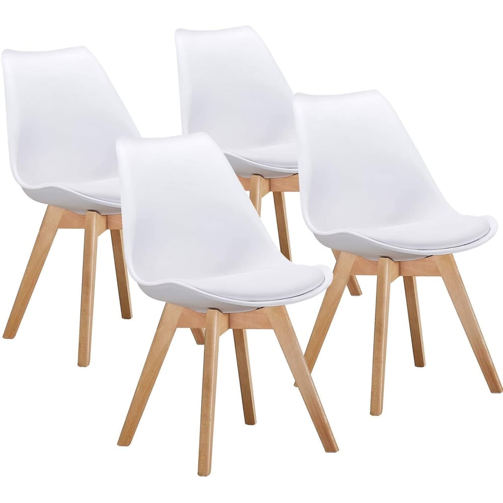 Mahmayi Retro Dining Side Mid Century Modern Chairs Durable Pu Cushion With Solid Wooden Legs, Set Of 4, White Mahmayi Retro Dining Side Mid Century Modern Chairs Durable Pu Cushion With Solid Wooden Legs, Set Of 4, White