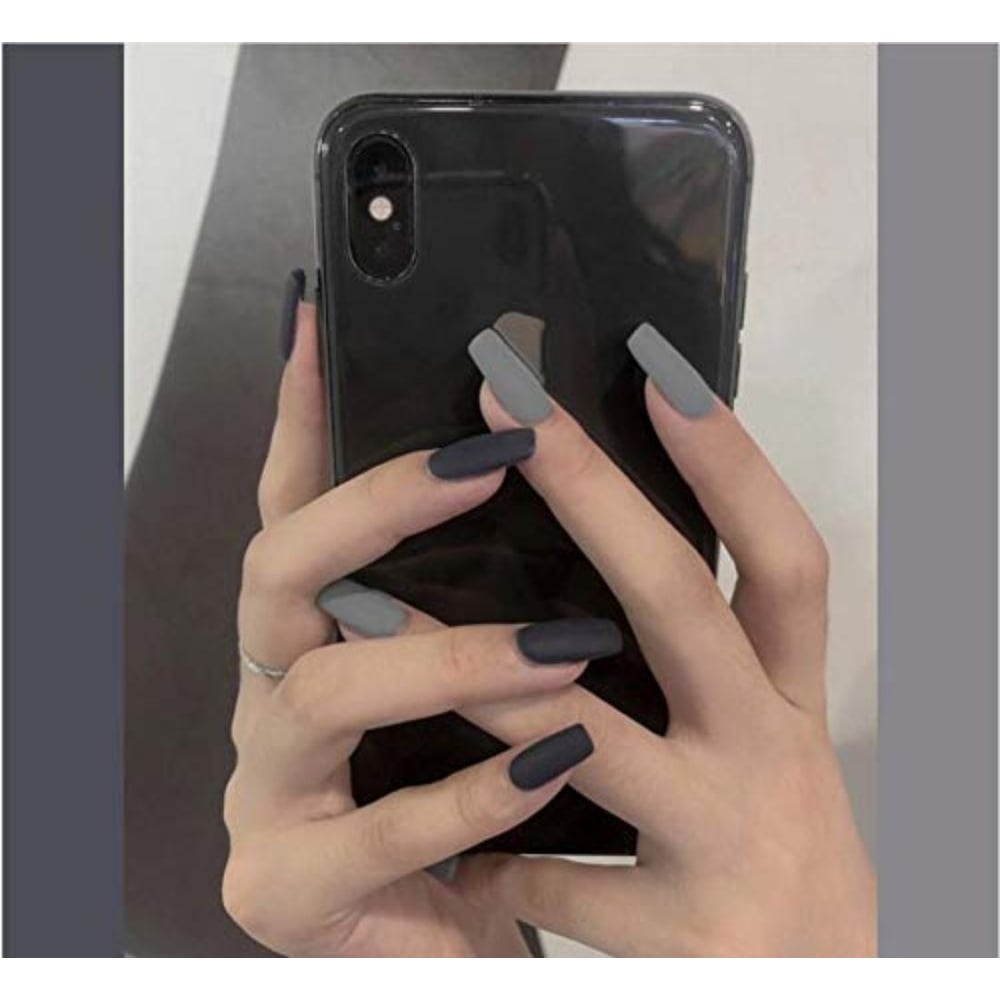 Cathercing 24 Pcs Ballerina Pure Color Matte Coffin Nails Full Cover Medium False Beauty Square Fake Gel Nail Tips Art For Women Girls Gift Halloween Party - Black And Gray Cathercing 24 Pcs Ballerina Pure Color Matte Coffin Nails Full Cover Medium False Beauty Square Fake Gel Nail Tips Art For Women Girls Gift Halloween Party - Black And Gray
