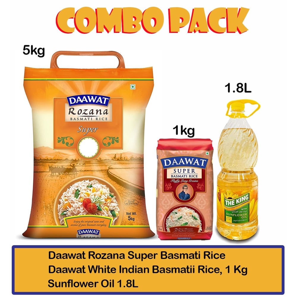 Daawat Rozana Super Basmati Rice 5Kg + White Indian Basmatii Rice, 1 Kg + Sunflower Oil 1.8L