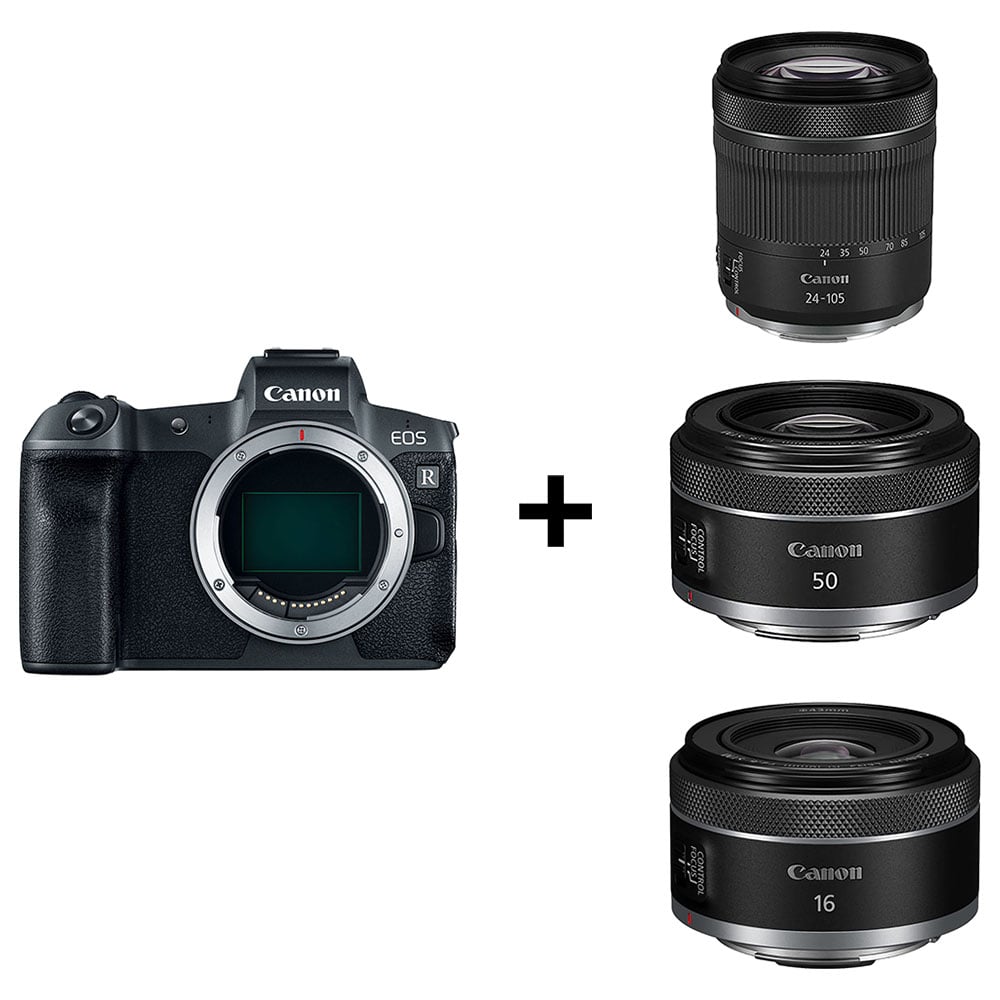 هيكل كاميرا رقمية كانون EOS R بدون مرآة جسم أسود مع مجموعة RF24-105 مم F4-7.1 IS STM وعدسة RF50 مم F1.8 STM وعدسة RF16 مم F2.8 STM