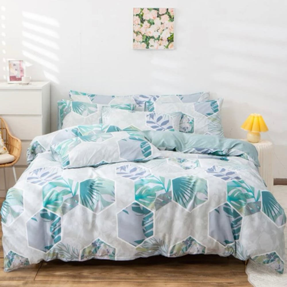 Luna Home Single Size 4 Pieces Bedding Set Without Filler, Geometric Leaves Design