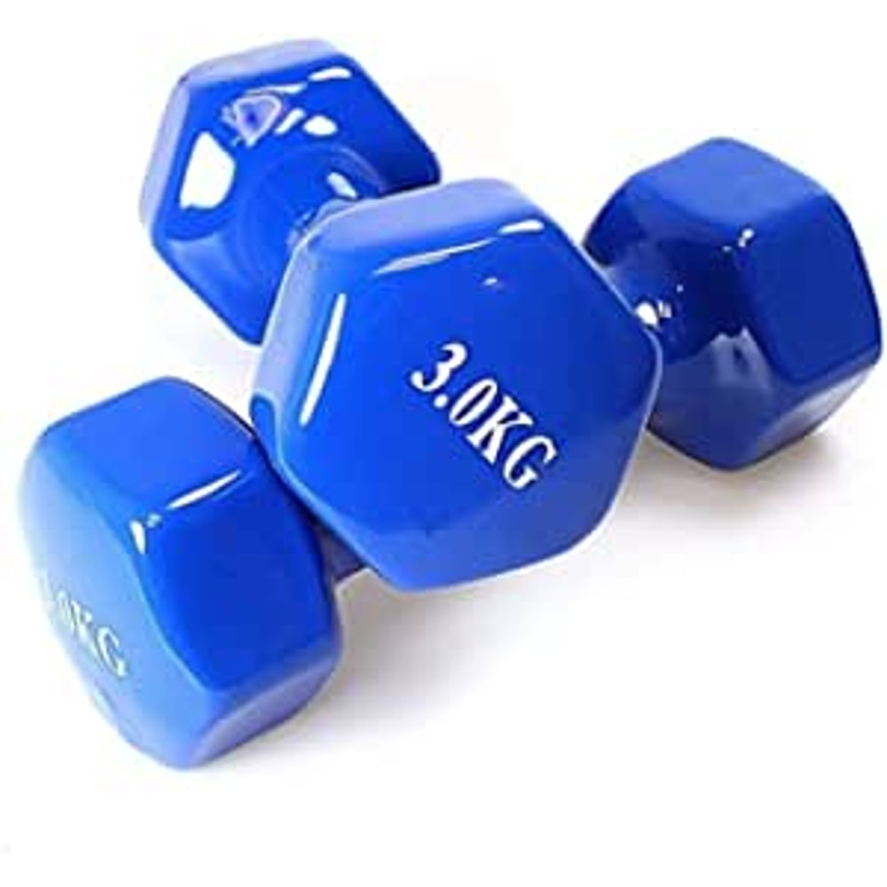 ULTIMAX - Deluxe Vinyl Dumbbell Hand Weight Set, Non-Slip, Hexagon Shape Neoprene Dipping Dumbbells Set, Assorted Colors for home gym - 3KG x 2