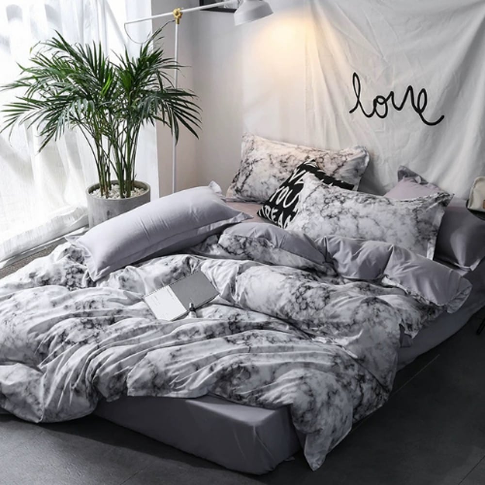 Luna Home King Size 6 Pieces Bedding Set Without Filler, Marble Design Grey Color