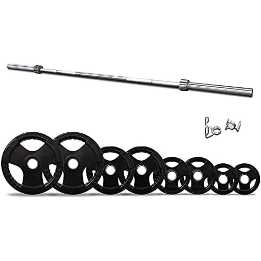 ULTIMAX Olympic Barbell Bar with Tri-Grip Rubber Plate Set for Body Pump Home Gym, Weightlifting, and Strength Training-(7 ft-120kg) ULTIMAX Olympic Barbell Bar with Tri-Grip Rubber Plate Set for Body Pump Home Gym, Weightlifting, and Strength Training-(7 ft-120kg)