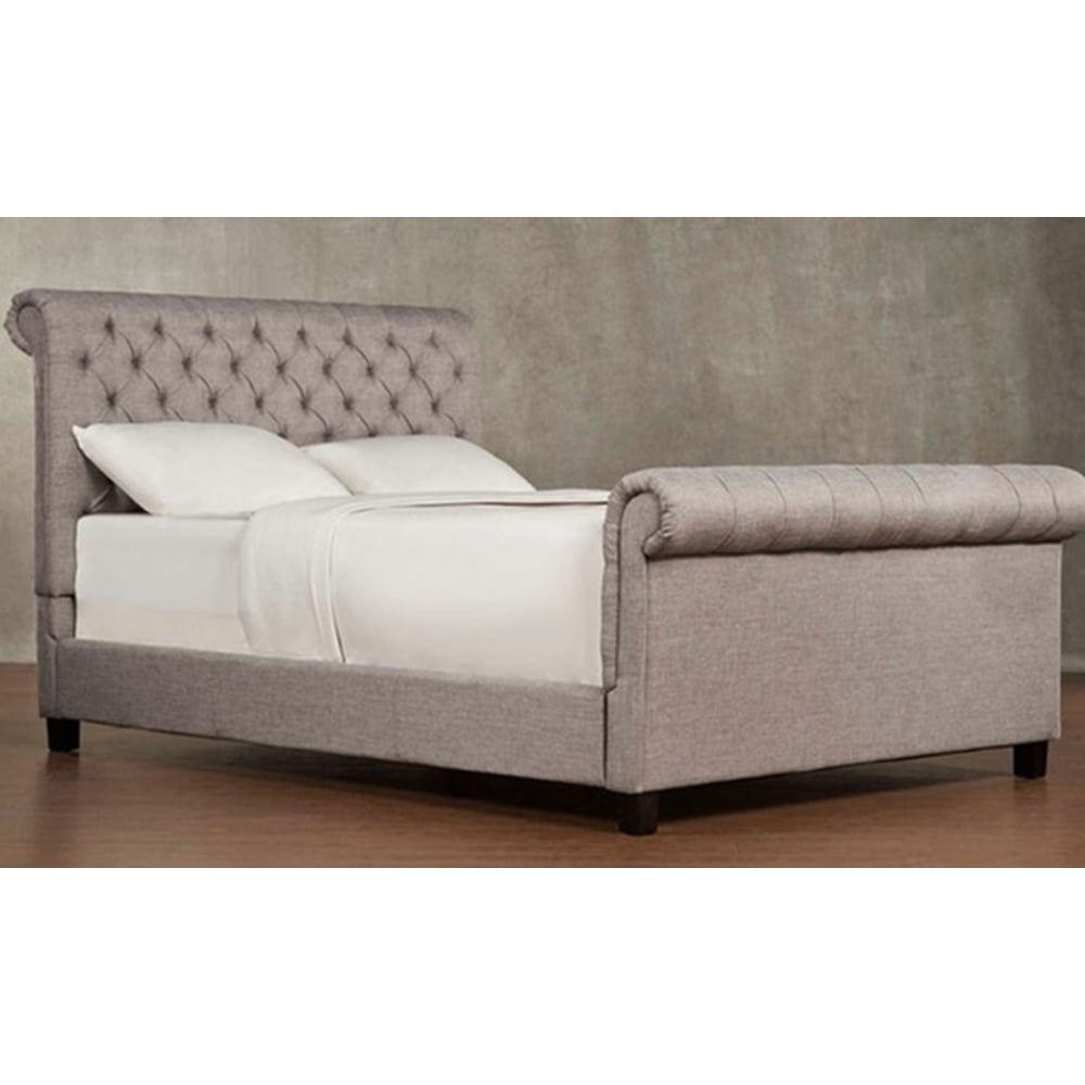 Oxford Rolled Top-Tufted Sleigh Bed Frame Queen with Mattress Grey